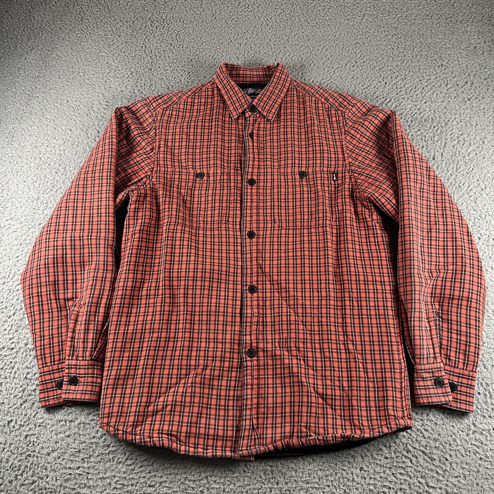 Stussy Outer Gear Shirt Jacket Mens L Red Plaid Quilted Flannel Lined Button Up